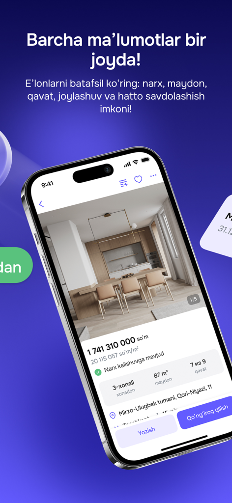 Urbo - Uy sotib olish va ijara - Smartphone screen showing a modern apartment listing on the Urbo app with price and property details in Uzbekistan