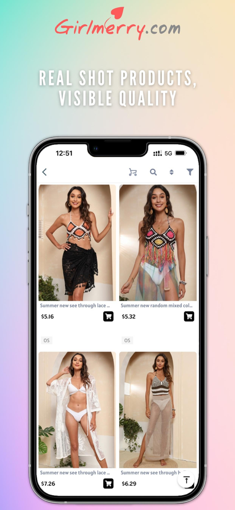 GIRLMERRY app interface displaying summer fashion products at wholesale prices