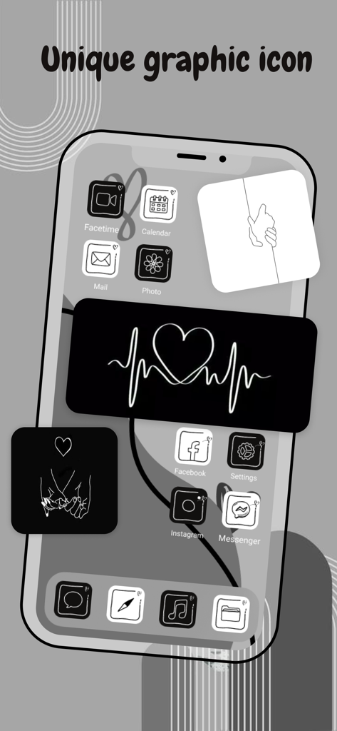 Icon Changer - Aesthetic OS 17 - iPhone screen featuring black and white minimalist line art app icons and heart rate widgets