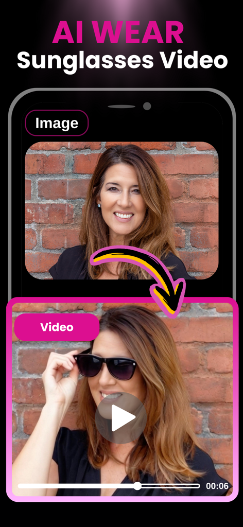 AI Kiss Hug Video Maker Clone - Uma demonstração do recurso de IA para usar óculos de sol convertendo uma foto estática em um vídeo de uma mulher usando óculos de sol.