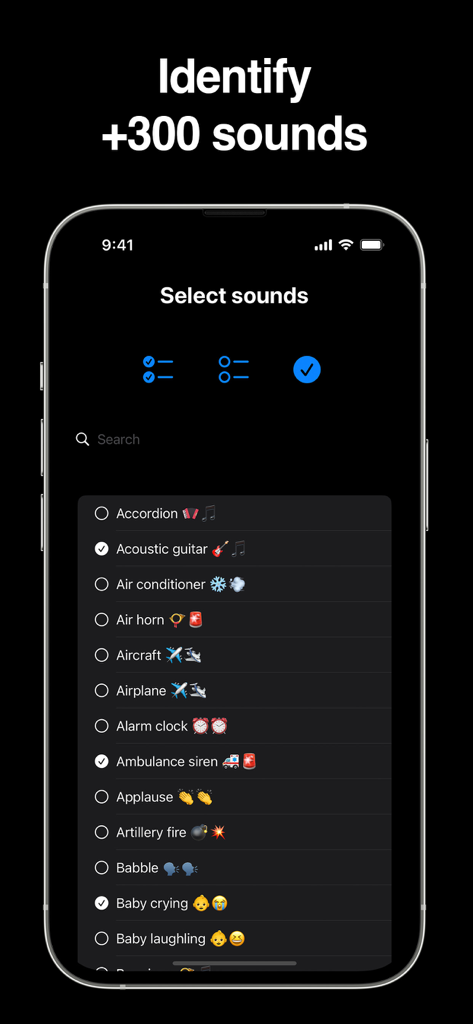 World Sounds: detector - Interfaccia dell'app World Sounds detector che mostra un elenco di suoni come pianto di bambino e sirena di ambulanza per l'identificazione