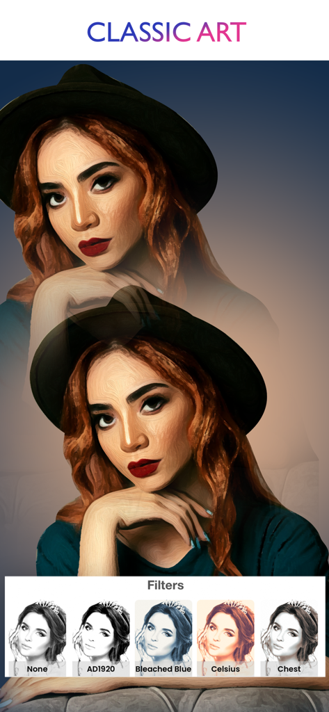 Sketch Photo Maker - Classic art painting filter applied to a portrait of a woman in the Sketch Photo Maker app
