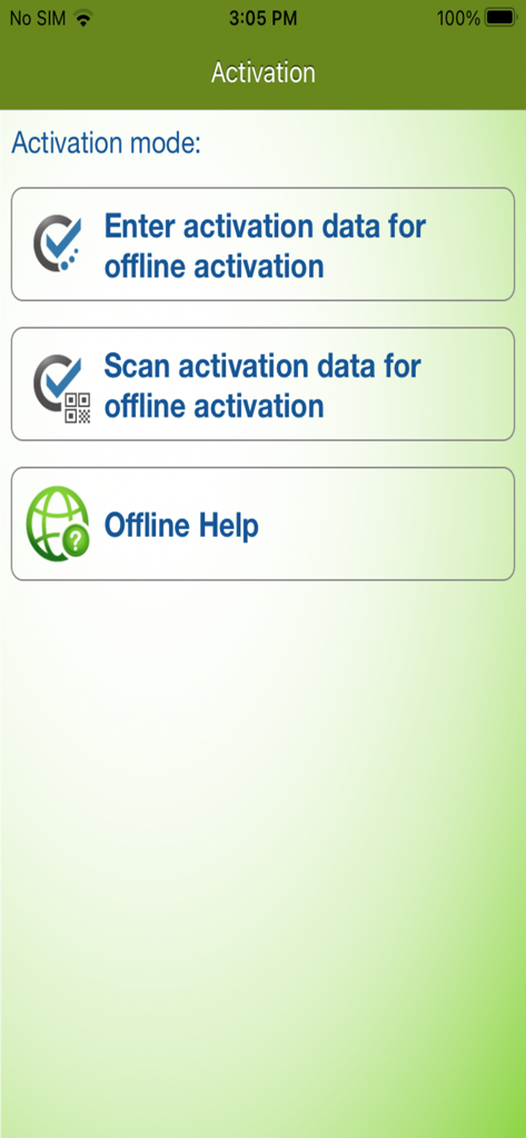 BSP SoftToken - BSP SoftToken app activation screen showing offline activation options for secure banking