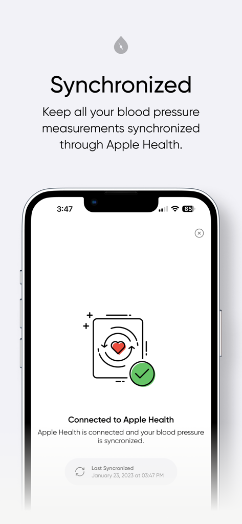 A smartphone display showing a successful connection and data synchronization between the Simple Blood Pressure Tracker app and Apple Health.
