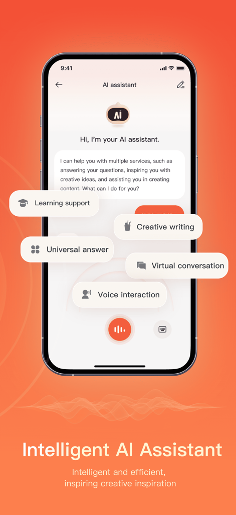 AICOOL Market - Interfaz de la aplicación AICOOL Market mostrando el asistente de IA inteligente con funciones como interacción por voz y escritura creativa.