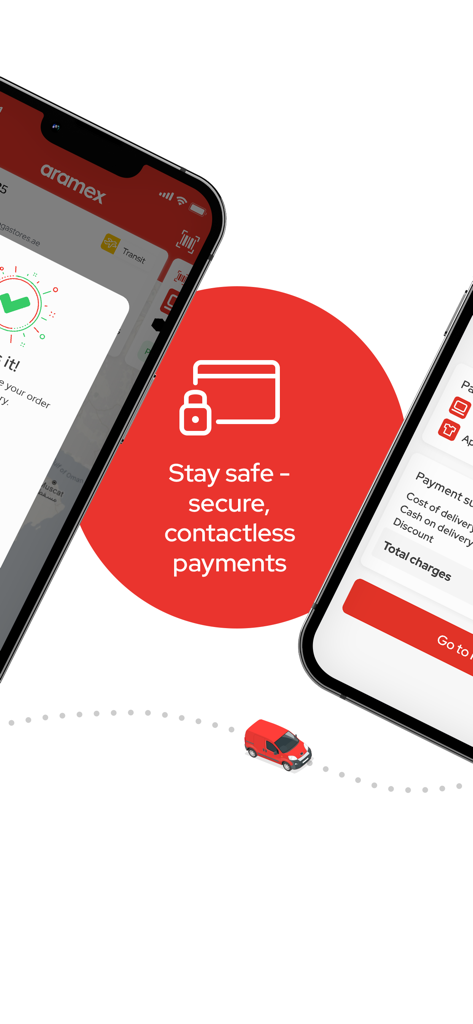 Aramex ارامكس - Aramex-App-Bildschirm, der sichere und kontaktlose Zahlungsoptionen für Versanddienste bewirbt