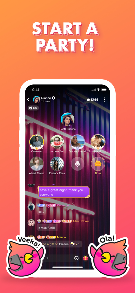 Veeka: Make New Friends - Interface do aplicativo Veeka mostrando uma sala de festa ao vivo multijogador com avatares de usuário e um log de chat