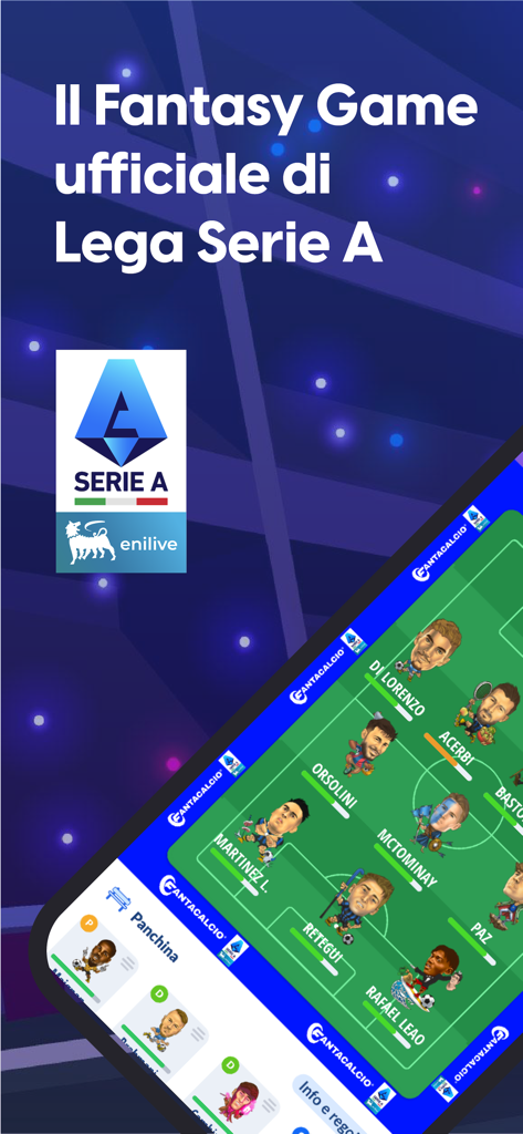 Official Serie A fantasy soccer game interface showing a team lineup with player avatars