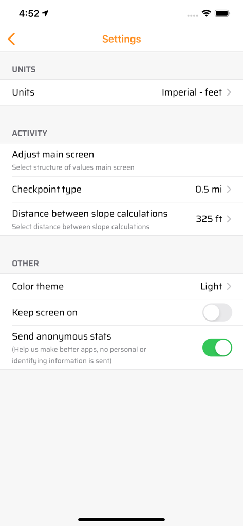 Settings screen of the Bike Tracker app showing customization options for units and activities.