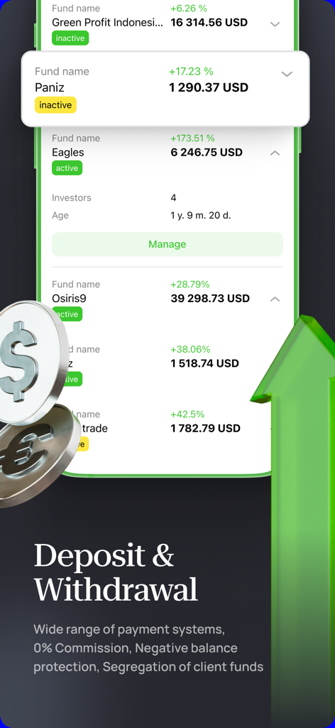 Interfaz de la aplicación Broker xChief mostrando funciones de depósito y retiro y rendimiento de fondos de inversión PAMM