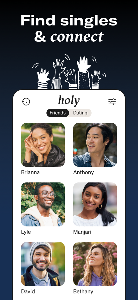 Holyクリスチャンデーティングアプリの画面、見出し「独身者を見つけてつながる」の下に多様なユーザープロフィールのグリッドを表示