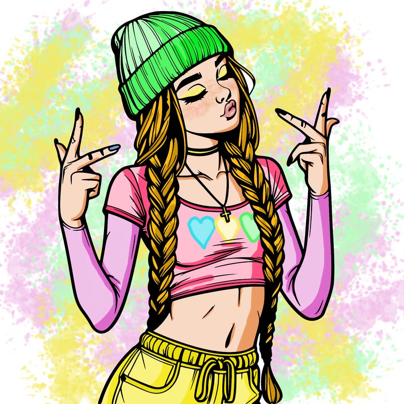 realistic teenage girl with braids and a beanie and crop top doing 🫶🏼