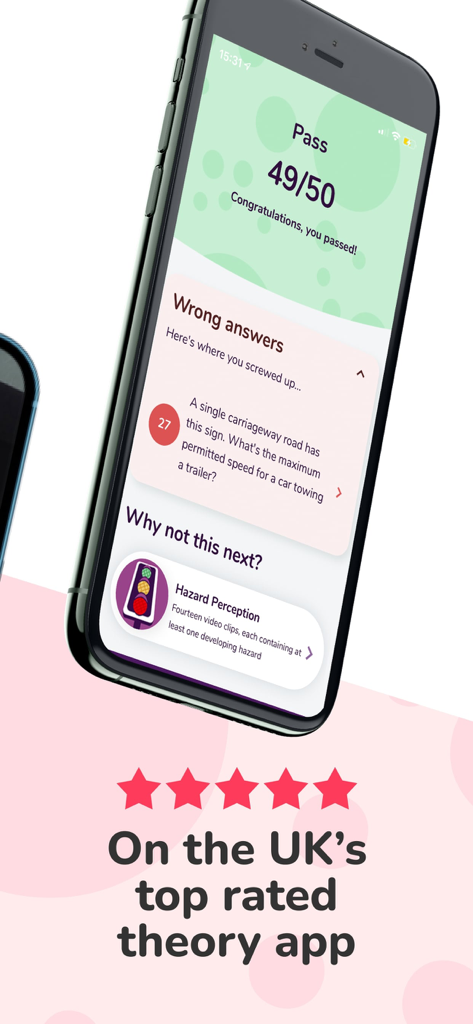 Driving Theory by James May - A smartphone showing a passing score of 49 out of 50 on a UK driving theory mock test within the James May app.