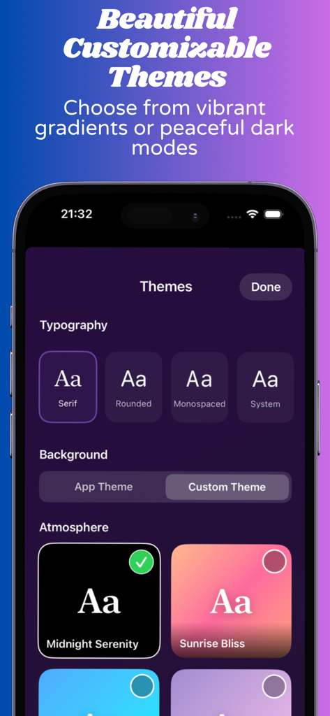 Daily Wisdom: Quran & Hadith - Interface of the Daily Wisdom app showing theme customization options including typography styles and color atmospheres like Midnight Serenity and Sunrise Bliss.