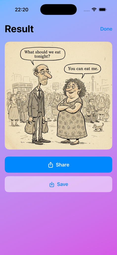 A generated cartoon of a couple talking in a crowded square shown on the Editorial Cartoon Maker result screen