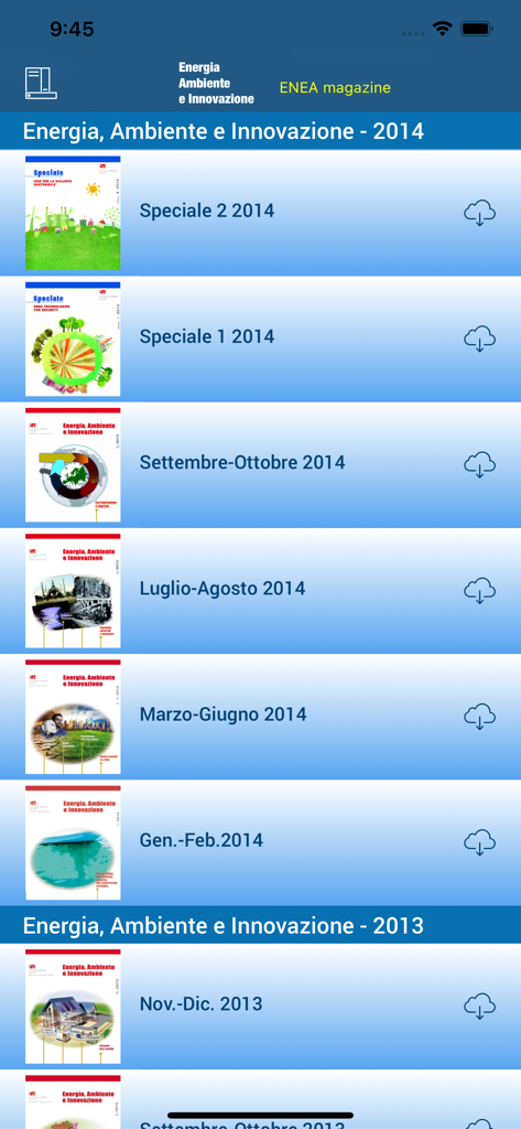 List of technical magazine issues from 2013 and 2014 available for download in the ENEA EAI app.