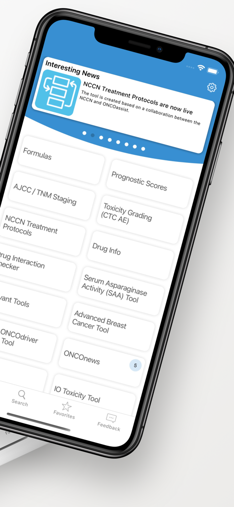 Tableau de bord de l'application mobile ONCOassist proposant des outils d'aide à la décision clinique pour les professionnels de l'oncologie