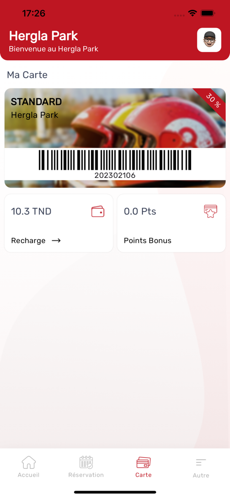 Hergla Park - Hergla Park mobile app digital loyalty card screen showing balance, points, and membership barcode