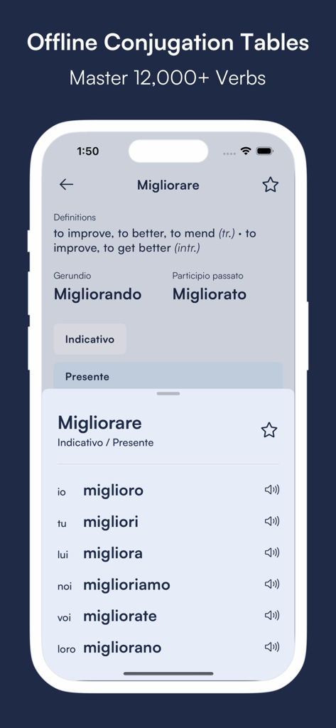 Vurbit: Learn Italian Fast - Screenshot of Vurbit app displaying Italian verb conjugation tables for the verb migliorare in the present tense