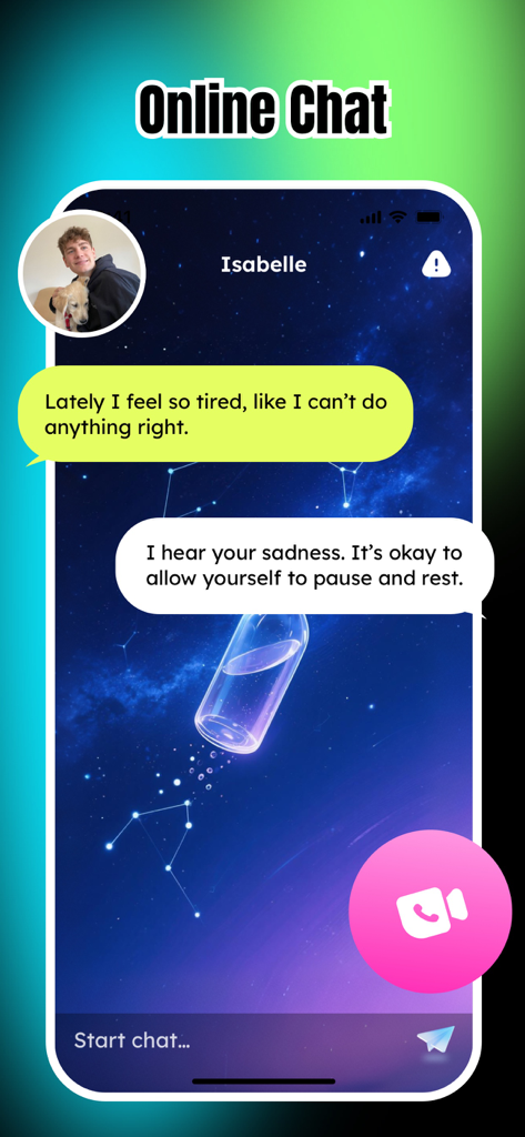 Himi - Adult Video Chat online - User interface of Himi app showing an emotional support chat and a video call button