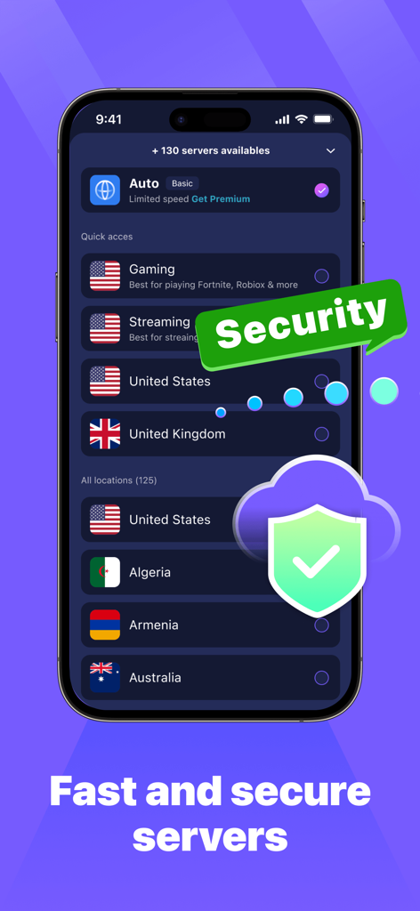 Smart VPN-Fast&Easy - Interfaz de la aplicación Smart VPN mostrando ubicaciones de servidores globales para juegos y streaming