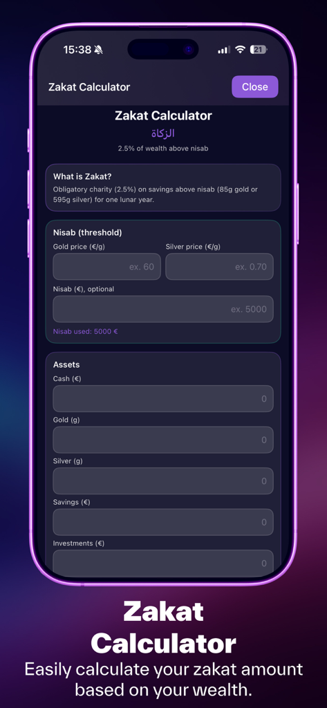 Islami - AI, Quran, Prayer - Mobile application screen for calculating Zakat based on assets and nisab threshold