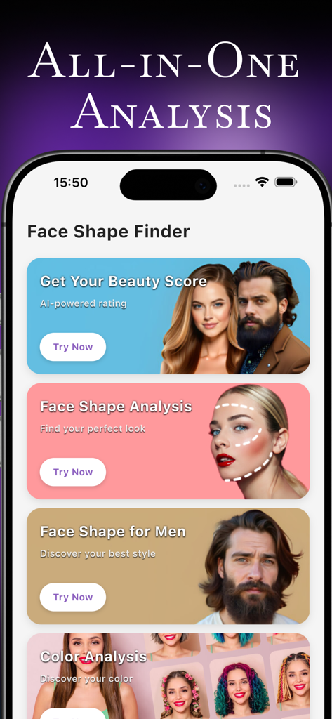 Face Shape Detector:AI Analyze - A mobile app interface displaying AI face shape and beauty analysis options