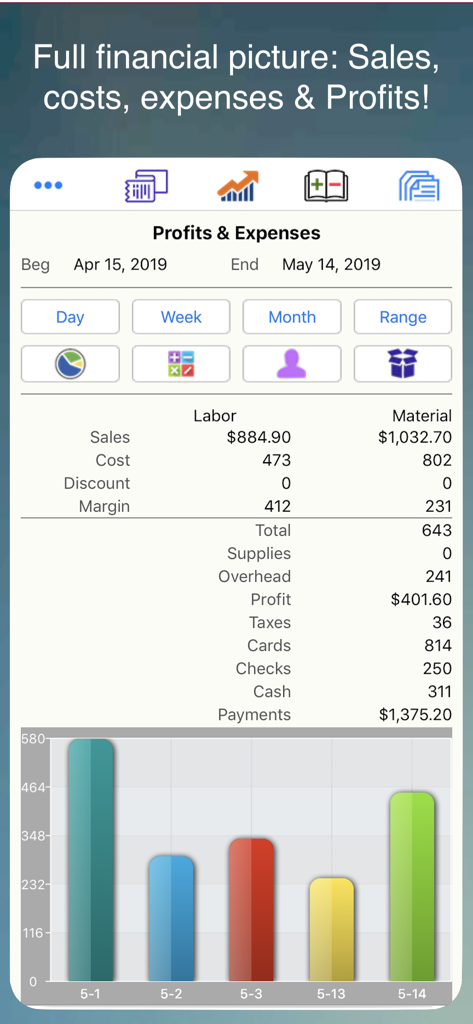 Landscaper & Tree Pro Business - Screenshot of the Landscaper and Tree Pro Business app showing profit and expense tracking with a financial bar chart
