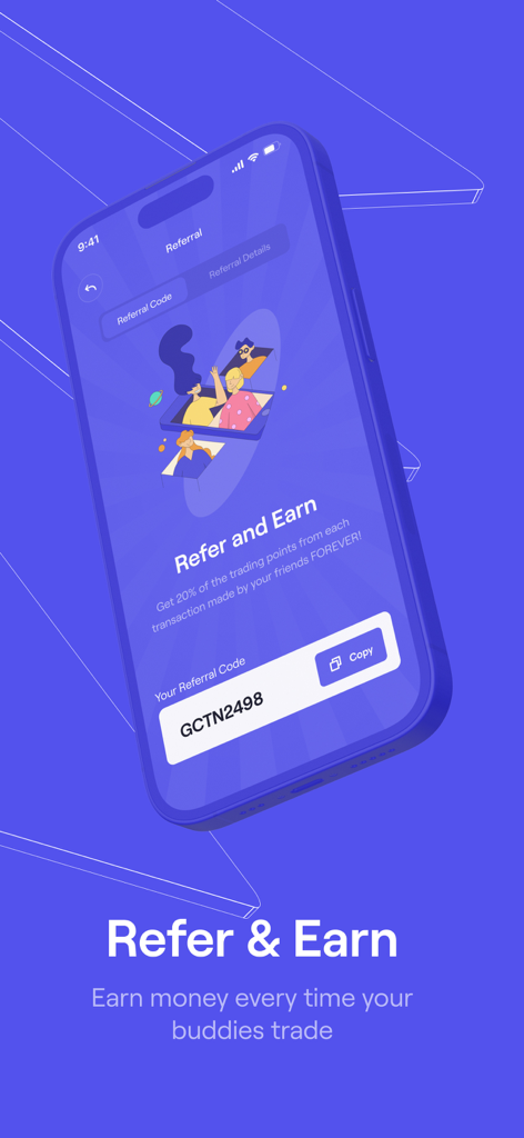 GiftCardsToNaira:Sell GiftCard - Refer and Earn screen in the GiftCardsToNaira app featuring a unique referral code and details on earning trading points from friend transactions.