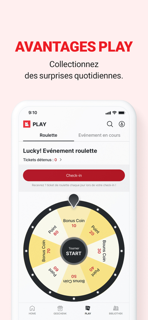Interfaz de la app LEZHIN ES mostrando una ruleta de recompensas diarias para puntos y monedas