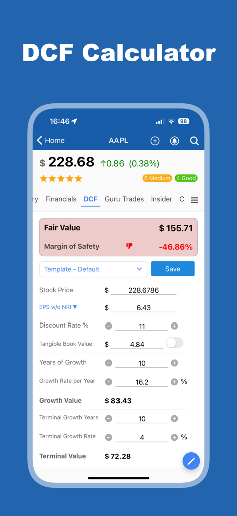 GuruFocus - Interface do aplicativo móvel GuruFocus mostrando uma calculadora DCF para ações da AAPL com dados de valor justo e margem de segurança
