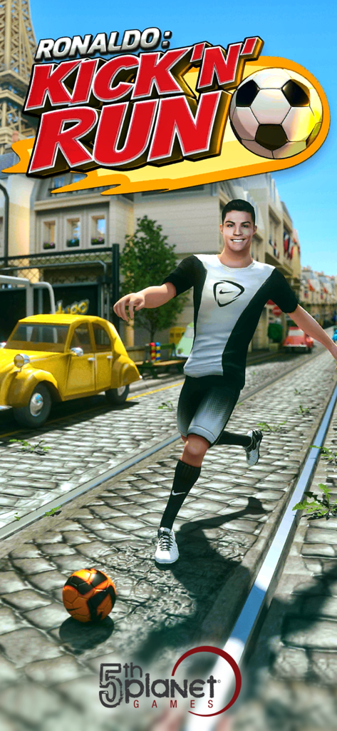 Cristiano Ronaldo character running through city streets with a soccer ball in the Kick n Run mobile game