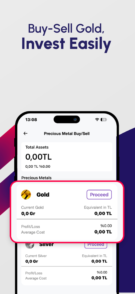 Sipay - Pantalla de la aplicación móvil Sipay para comprar y vender metales preciosos como oro y plata