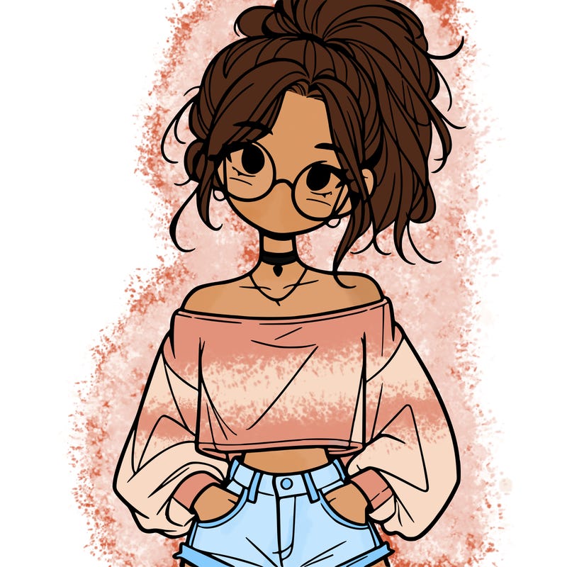 girl with a messy ponytail glasses a baggy crop top and jean shorts