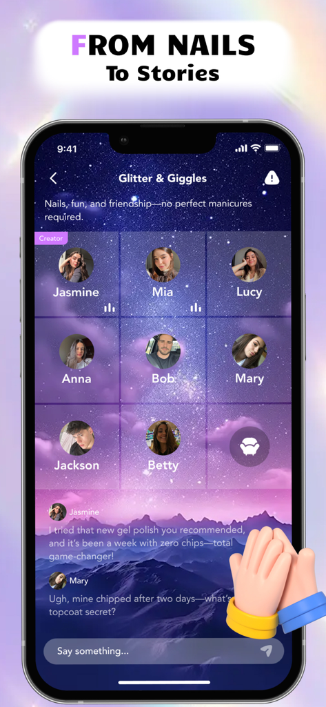 Interfaz de sala de chat de voz de la app Pink para entusiastas del arte de uñas