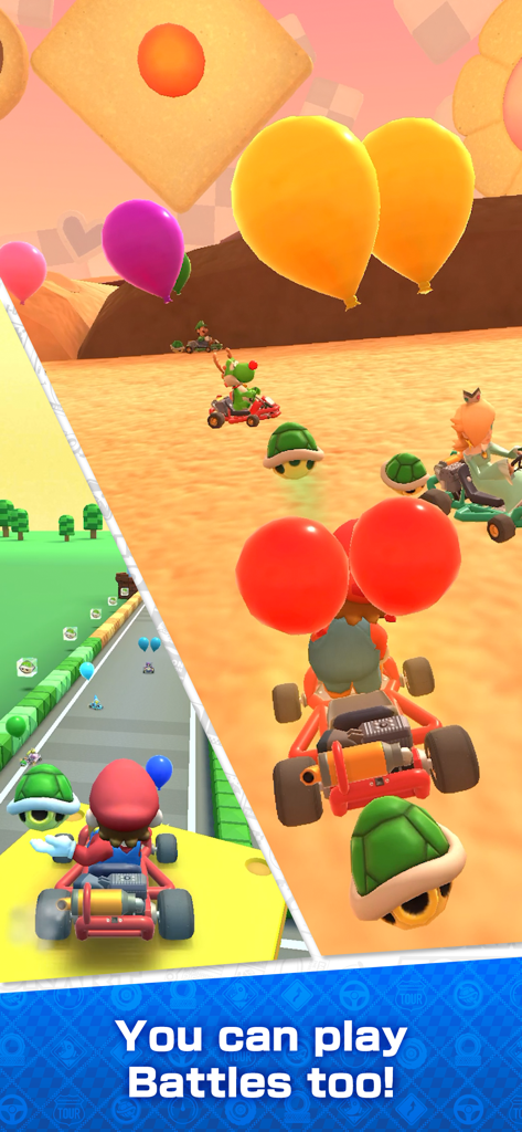 マリオと風船が登場するマリオカートツアーのバトルモードのゲームプレイ