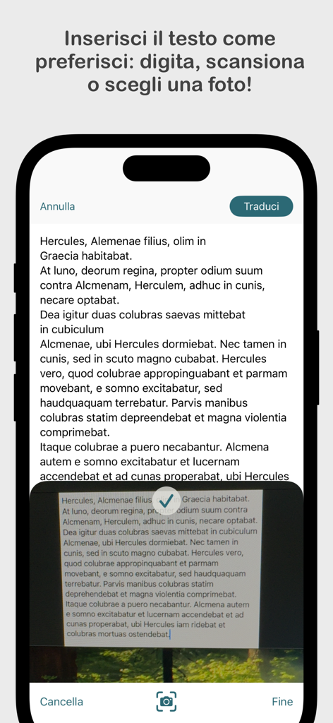 Latinorum - Latinorum app interface showing a Latin text passage being scanned by a phone camera for translation.