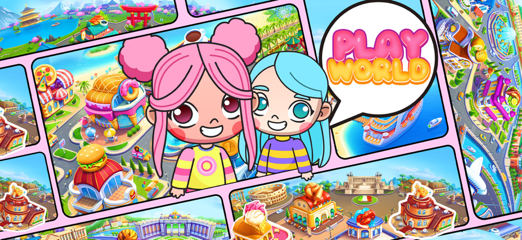 PlayWorld: Create Your Story - A vibrant collage featuring cartoon characters and various colorful city environments from the PlayWorld mobile game