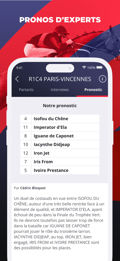 Paris Turf : Pari hippique - Paris-Vincennes 경주에 대한 전문가 경마 예측과 상세한 핸디캡 분석을 보여주는 모바일 앱 화면
