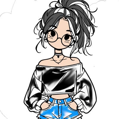 girl with a messy ponytail glasses a baggy crop top and jean shorts