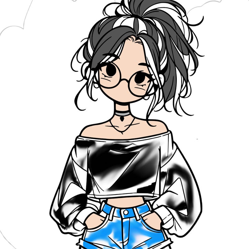 girl with a messy ponytail glasses a baggy crop top and jean shorts