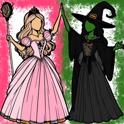 detailed realistic split of a princess and a witch