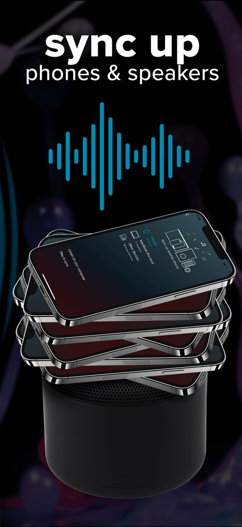 A stack of multiple iPhones synchronized with a black portable speaker to boost volume