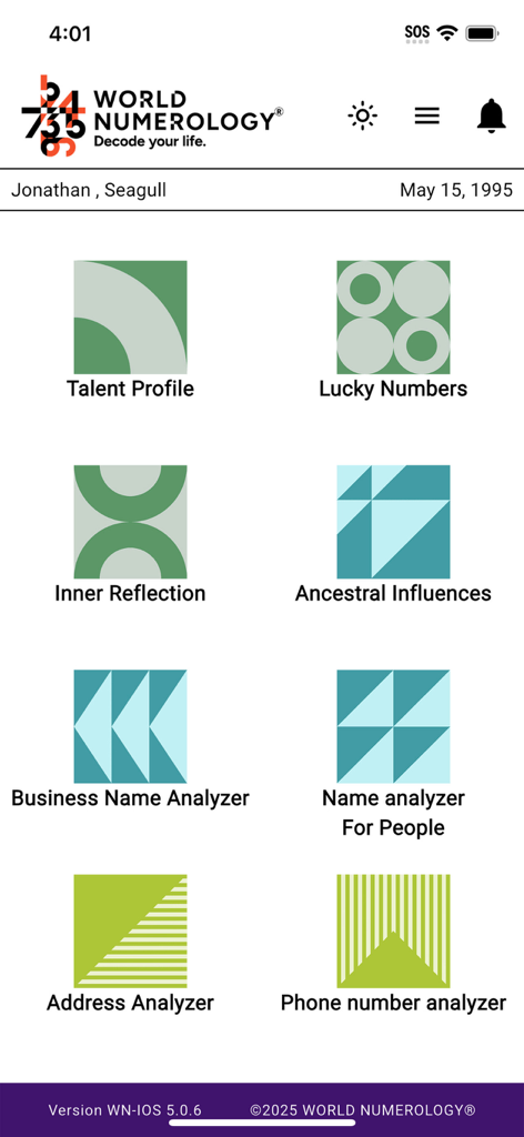 World Numerology Collection II - Main menu of the World Numerology app showing various reading options like Talent Profile Lucky Numbers and Ancestral Influences