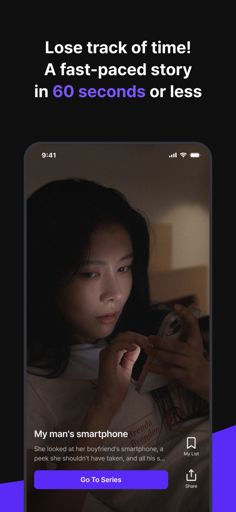 A woman watches a suspenseful 60 second drama on the Shortime mobile app.