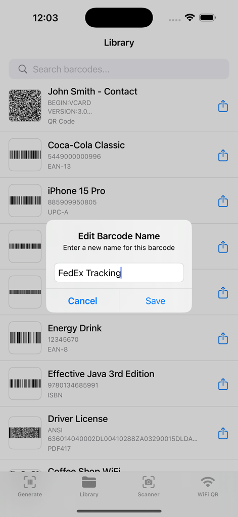 Barcodes Generator Unlimited - Barcode library screen in the Barcodes Generator Unlimited app with a popup to edit a barcode name