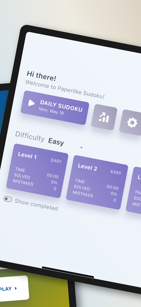Pantalla de inicio de la aplicación Sudoku Paperlike que muestra el botón de puzzle diario y las opciones de selección de nivel