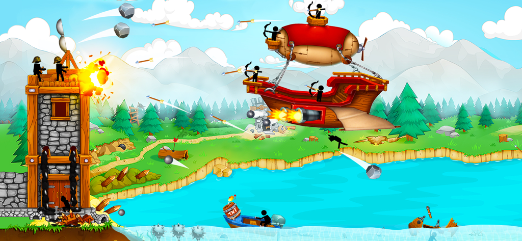 The Catapult: stick man game - Stickman castle defense battle with a catapult against an enemy airship and boat