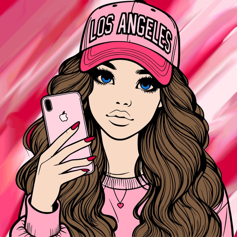 realistic beautiful girl wearing los ángeles cap holding an iphone