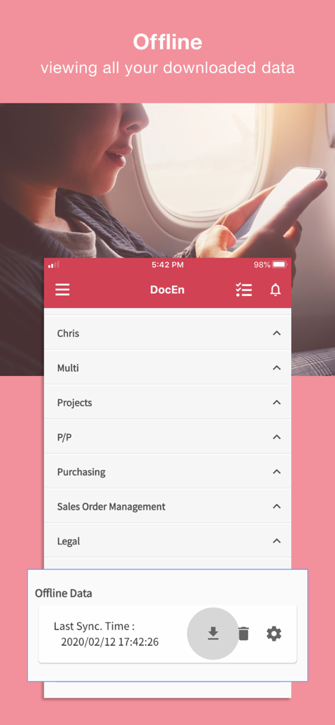 Interfaz de la aplicación móvil Ragic que muestra la visualización sin conexión y la sincronización de datos para bases de datos empresariales